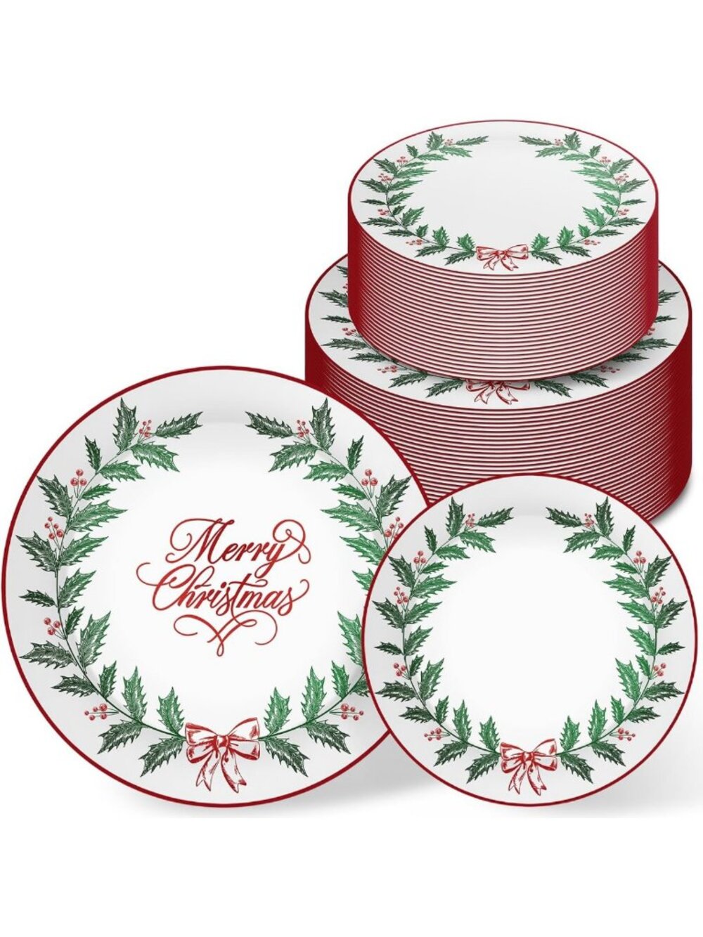 50 Pcs Christmas Plastic Plates Set, Holly Wreath Design for Holiday Parties